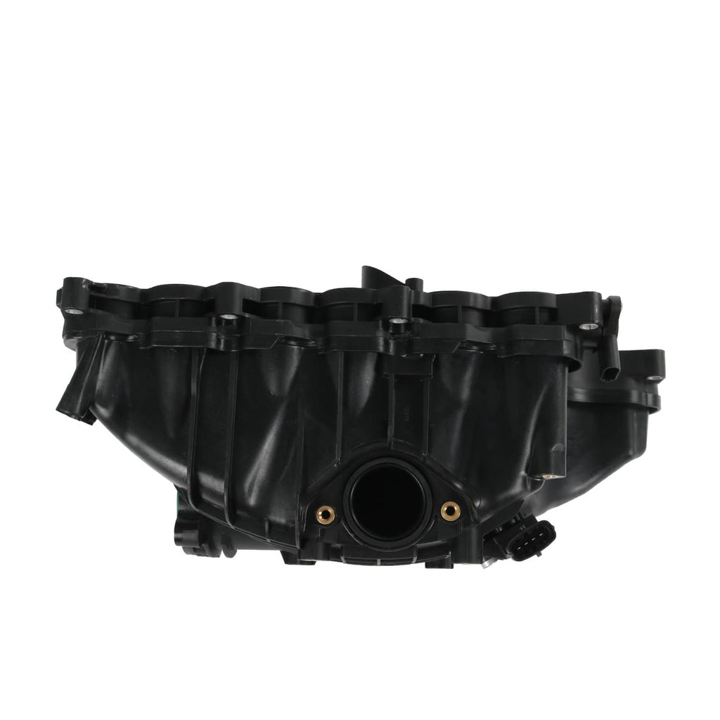 Black intake manifold with ribbed runner section and large round intake opening