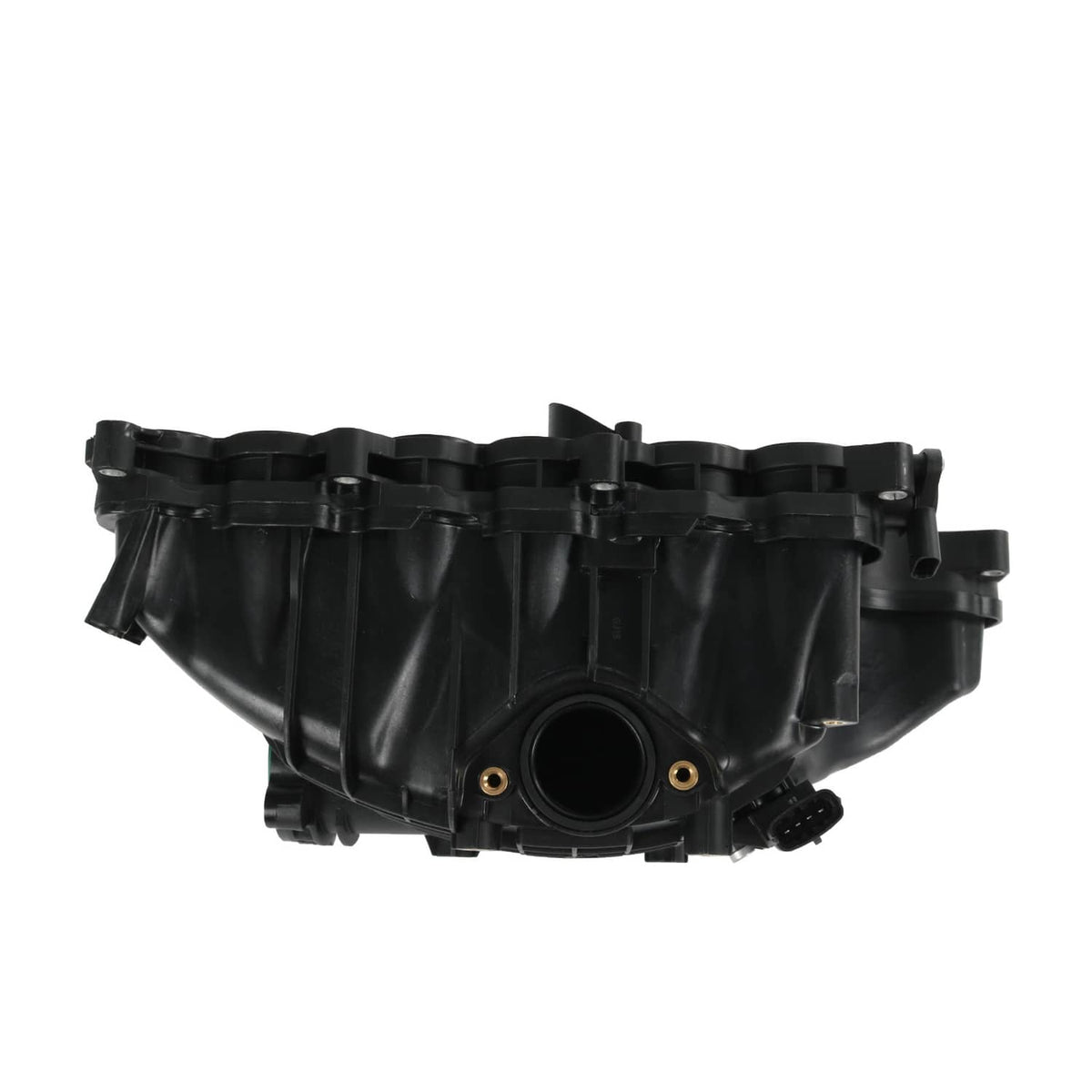 Black intake manifold with ribbed runner section and large round intake opening