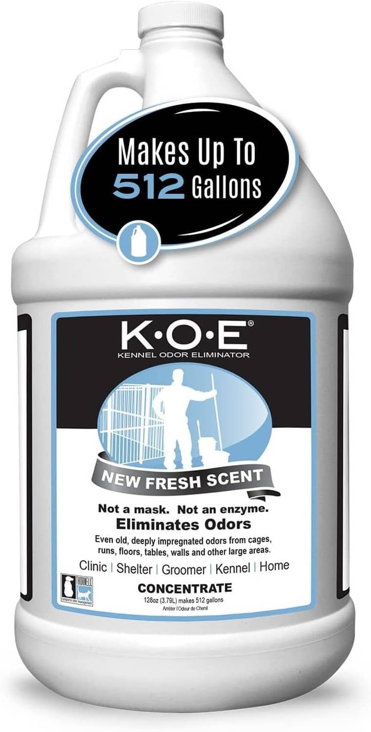 K.O.E odor eliminator concentrate jug with fresh scent label, 512-gallon claim