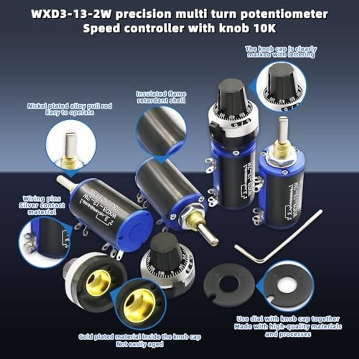 Multi-turn rotary potentiometer with black knob and metal shaft, plus mounting pins
