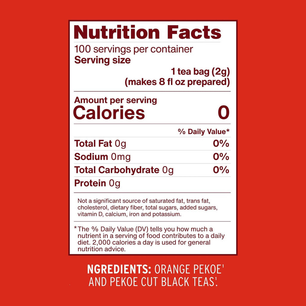 Luzianne tea nutrition facts panel with serving size 1 tea bag (2g)