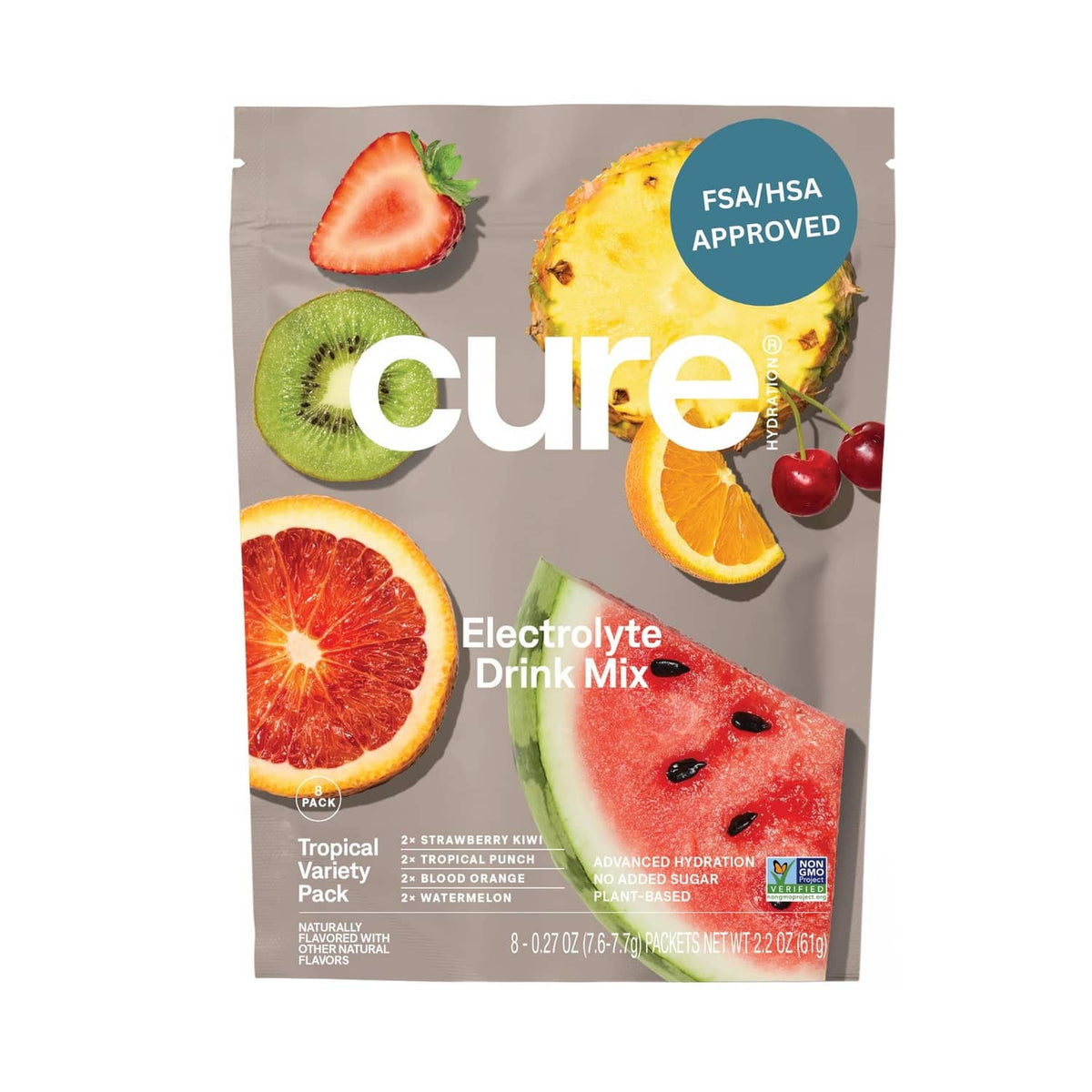 Electrolyte drink mix pouch with tropical fruit flavor artwork and Cure branding