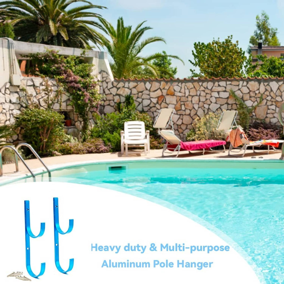 Blue aluminum multi-purpose pole hanger set near swimming pool edge with two hooks