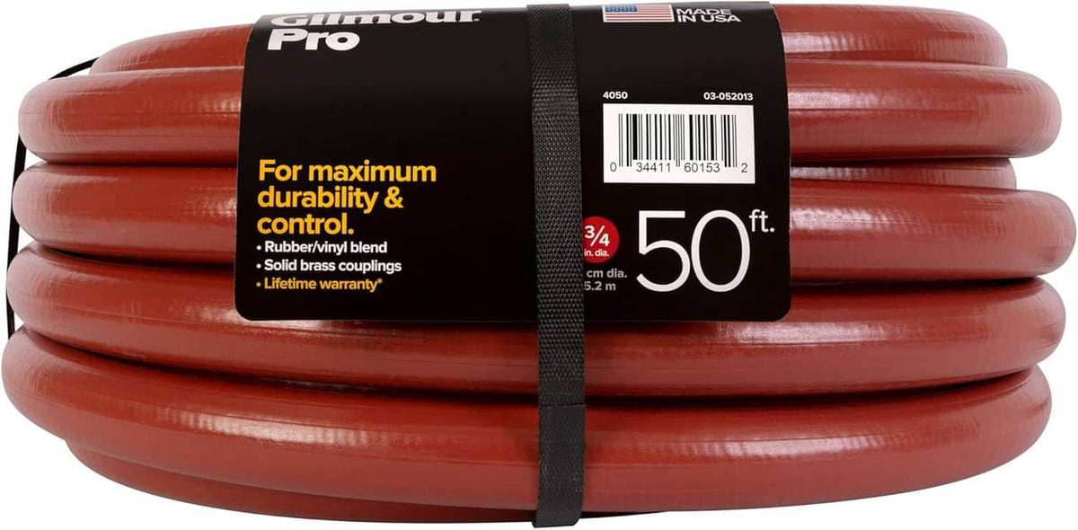 Red 3/4 in x 50 ft water hose coil with black strap and branding label.