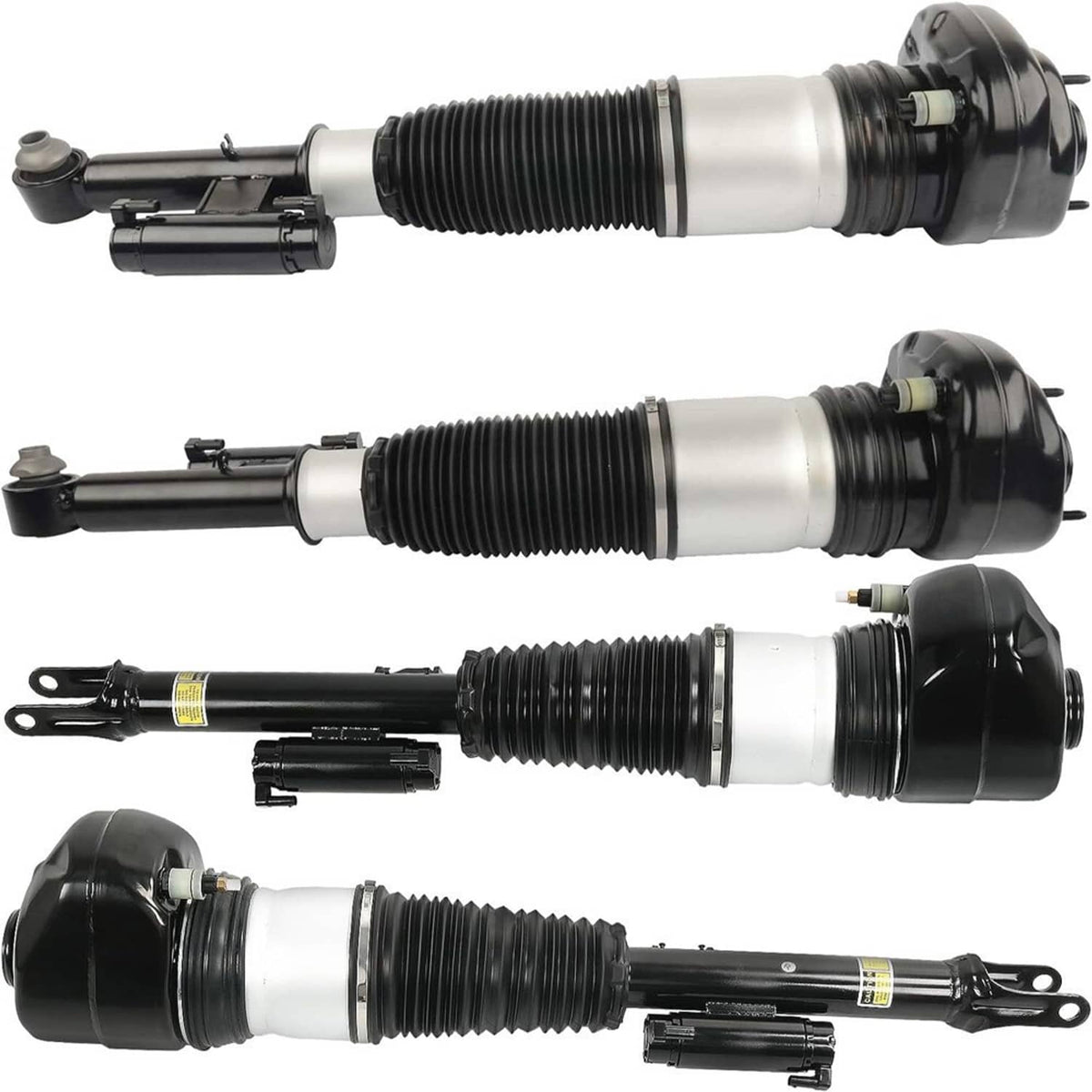 Air suspension struts showing three units with ribbed boots and black end housings