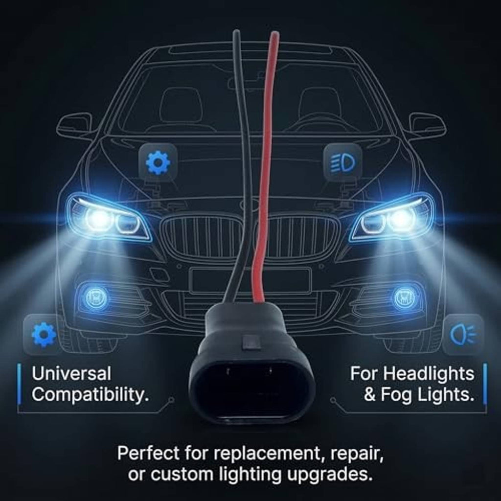 Black male headlight/fog connector with red and black wires; two-wire plug shown.