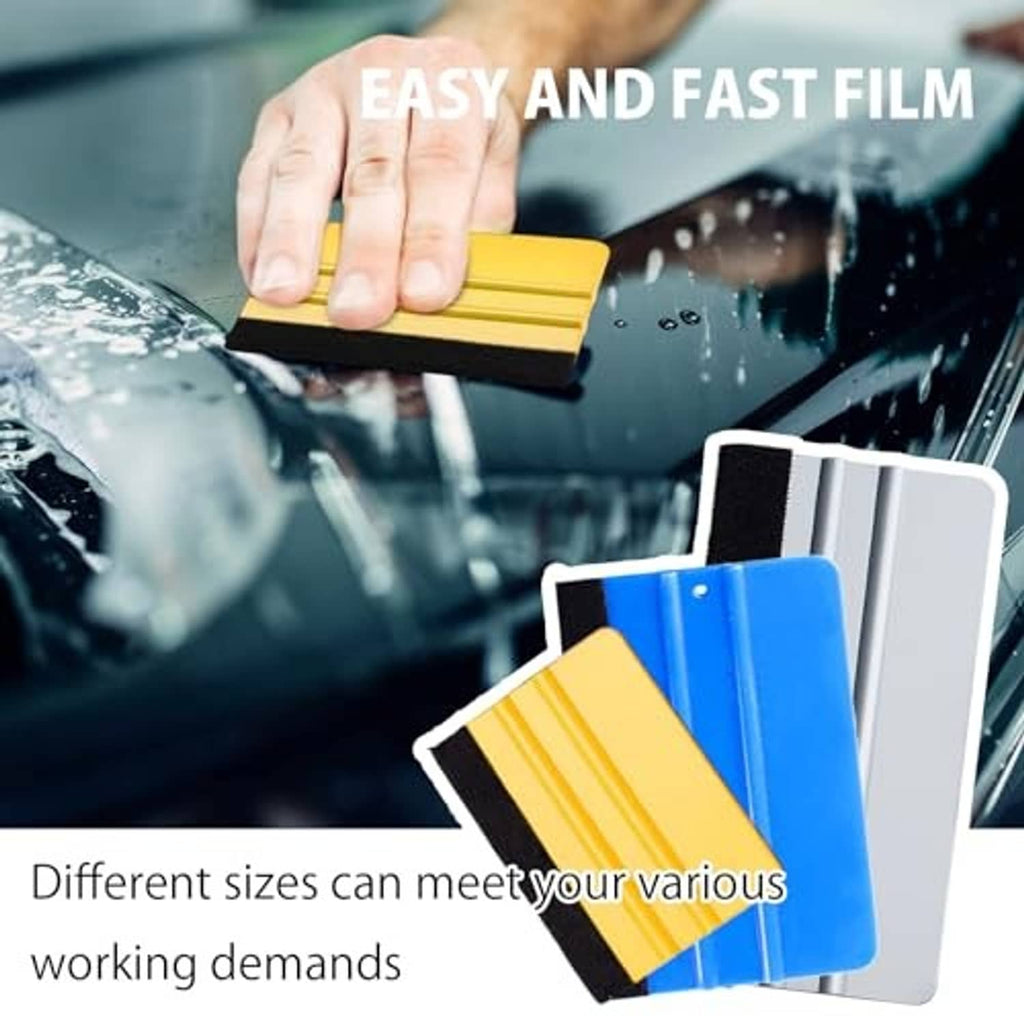 Vinyl wrap squeegee set with black felt edges, showing blue and yellow blades in hand