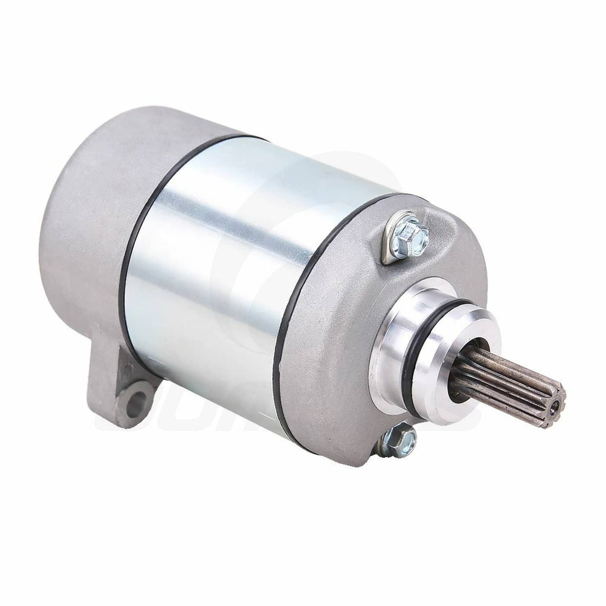 Silver cylindrical starter motor with mounting bracket and metal gear shaft