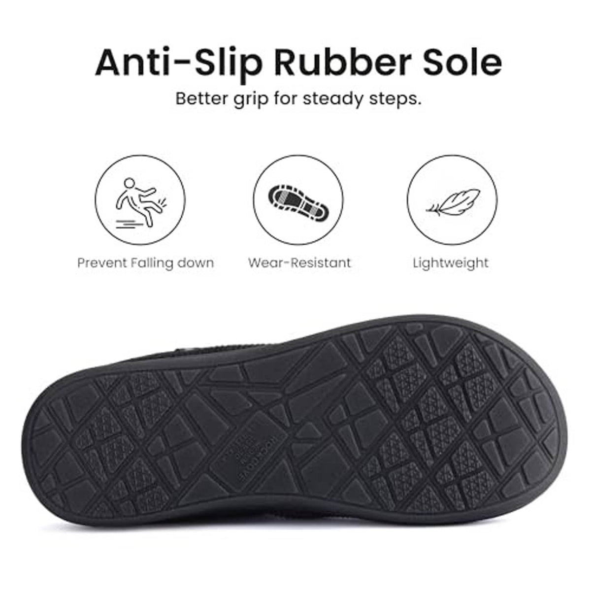 Black non-slip rubber outsole with textured tread pattern for steady steps
