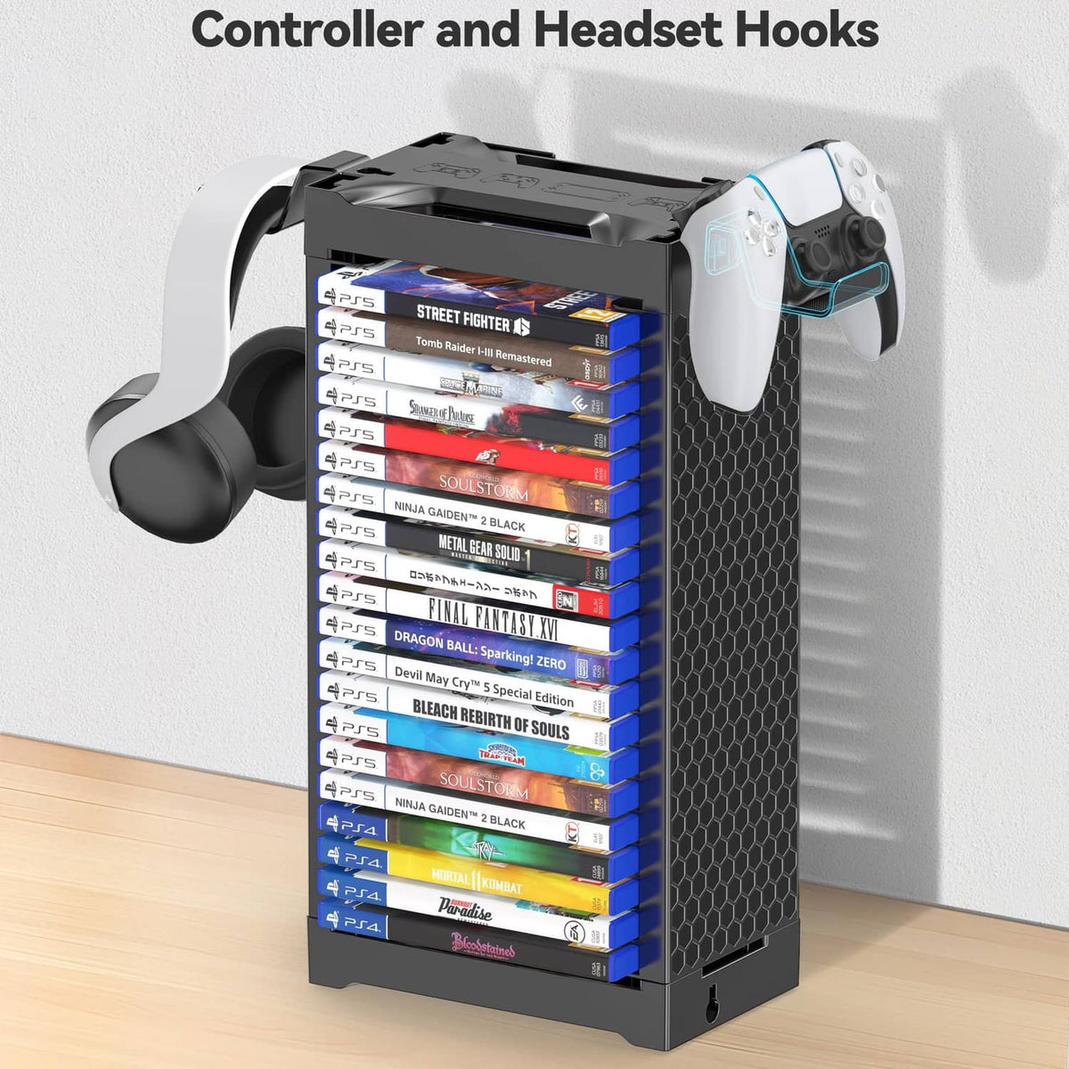 Black game disc rack tower with controller and headset hooks for game cases