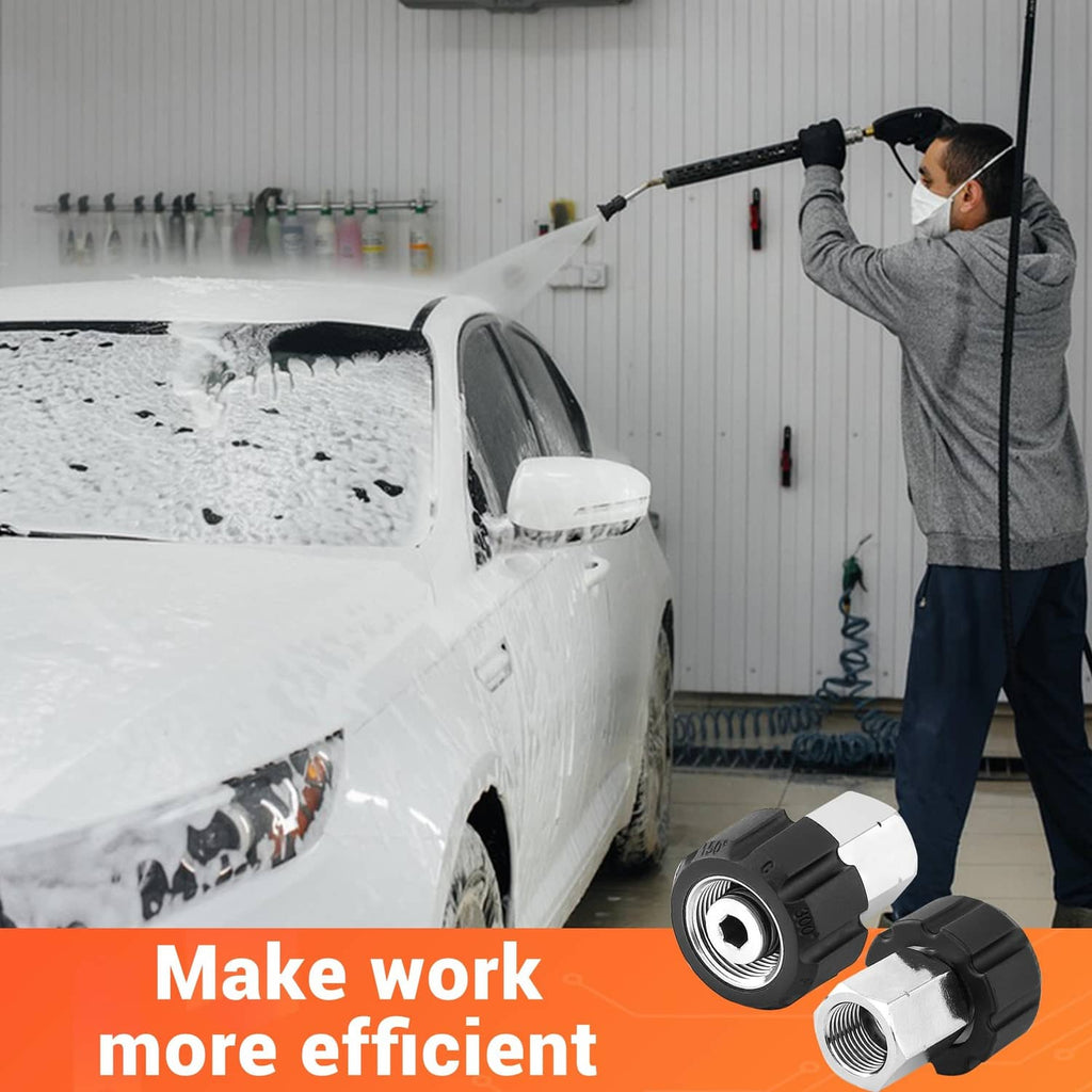 Black and silver pressure washer adapter fitting attached to hose end