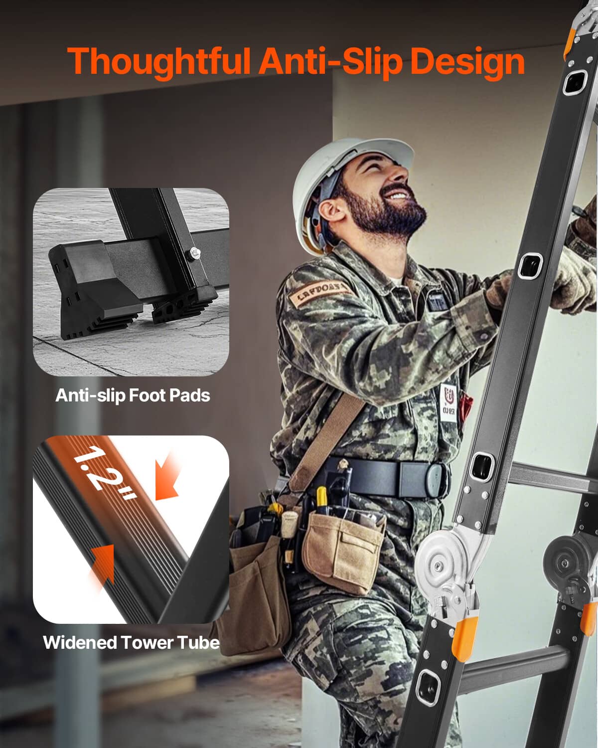 Ladder with anti-slip foot pads and widened tower tubes, gray and black with orange tabs