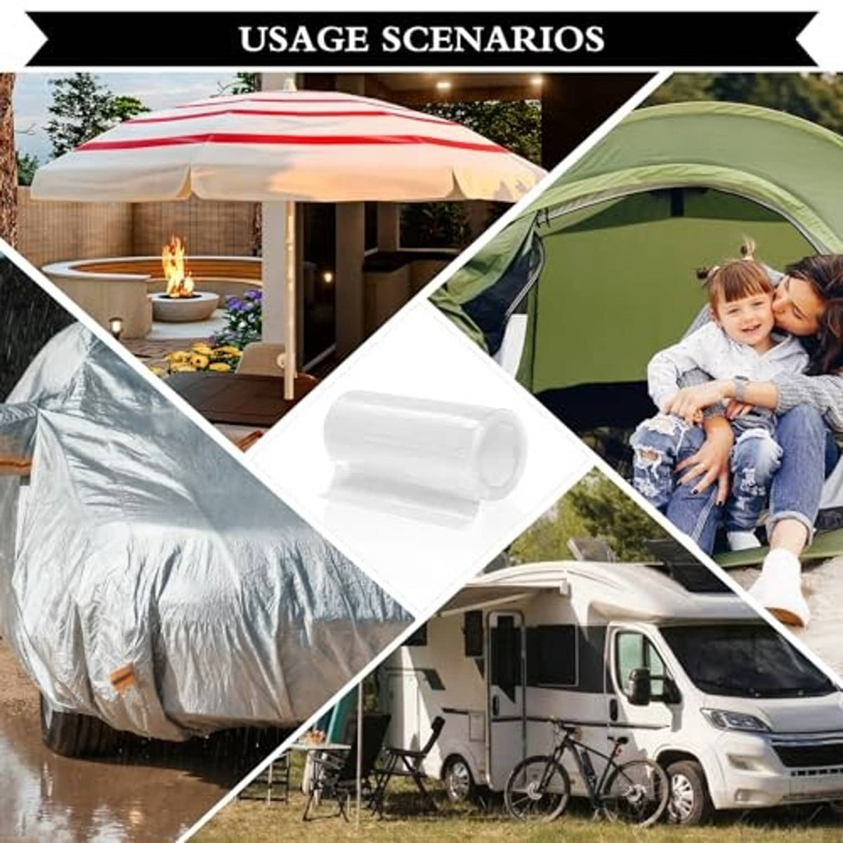 Clear repair tape rolls shown for RV, tent, and tarp cover patching