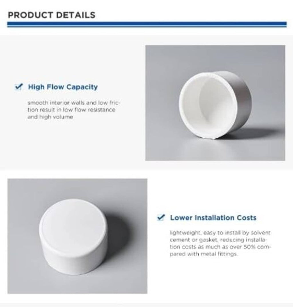 White PVC pipe end plug fitting shown on a pipe end, smooth round cap