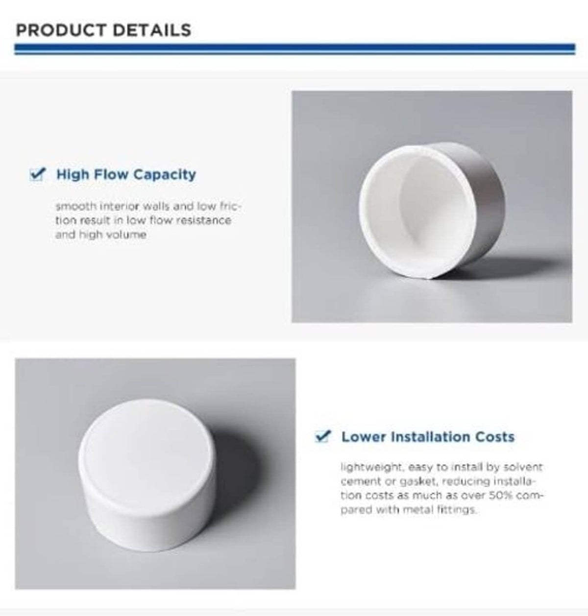 White PVC pipe end plug fitting shown on a pipe end, smooth round cap