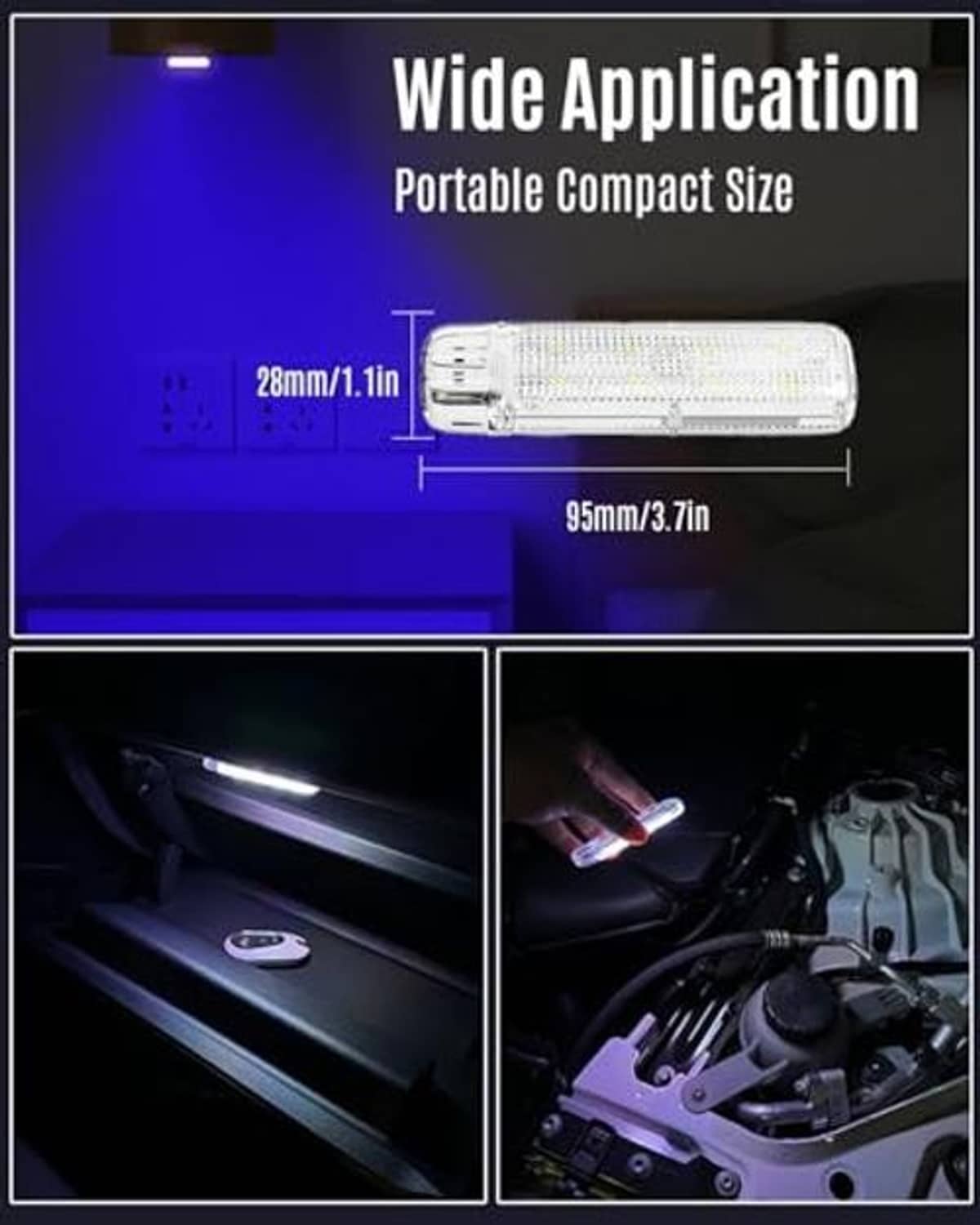 Compact clear LED neon light bar for car interior with blue glow, with size diagram