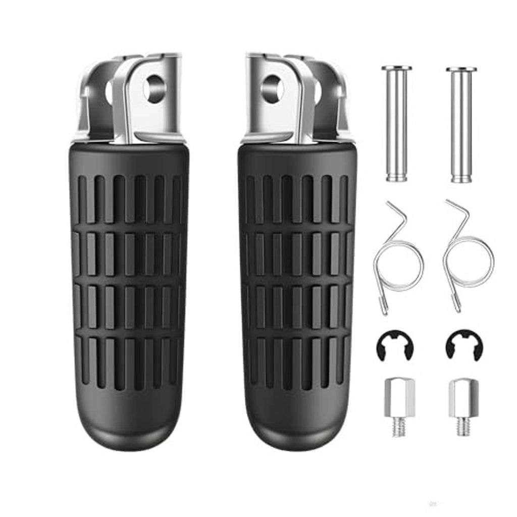 Motorcycle foot pegs kit: two black pads with silver posts and included screws