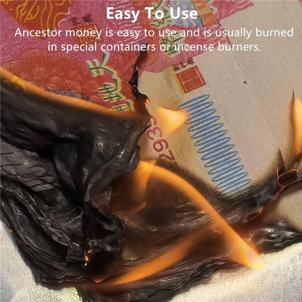 Burning ancestor joss paper money, glowing embers and singed black paper