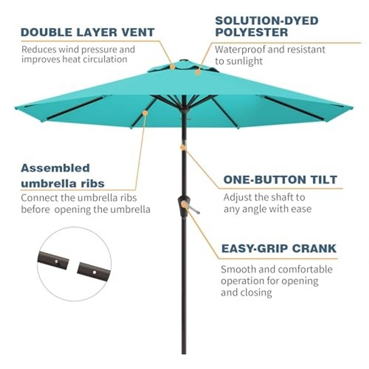 Teal outdoor patio umbrella with one-button tilt and easy-grip crank