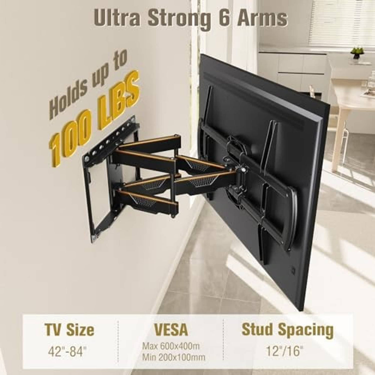Full-motion TV wall mount bracket with extended arms holding a flat-screen TV