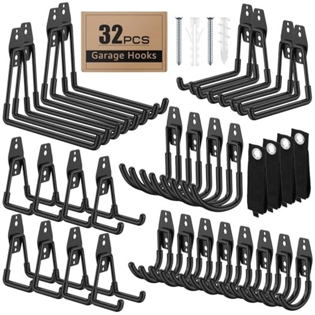 Black garage hook set with U-shaped hangers, mounting plates, and included screws