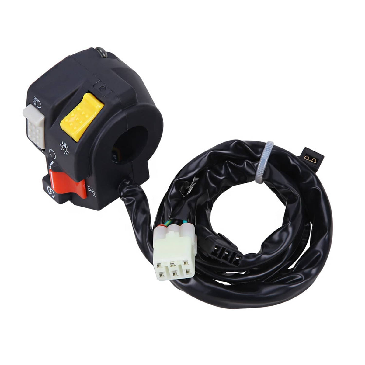 Motorcycle kill/light switch assembly with wiring harness, black housing, yellow rocker