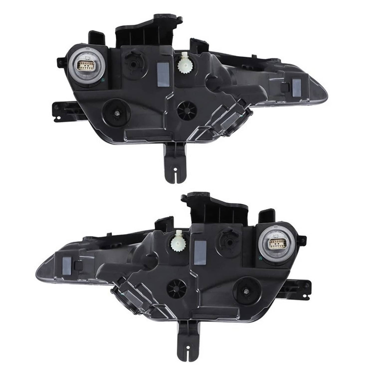 Black headlight assemblies with projector lamps and rear wiring connectors