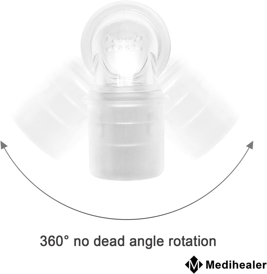 Clear elbow connector showing 360-degree rotation with transparent tubing