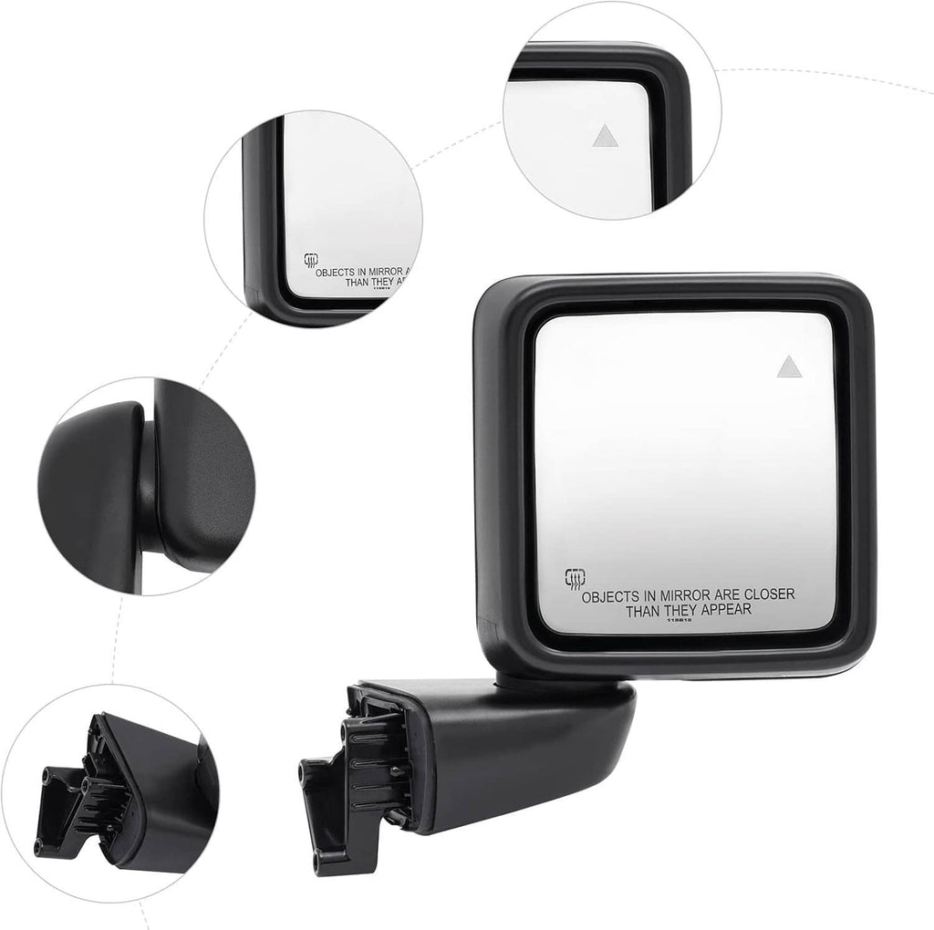Black blind spot mirror with close-up callouts of housing, lens, and mounting
