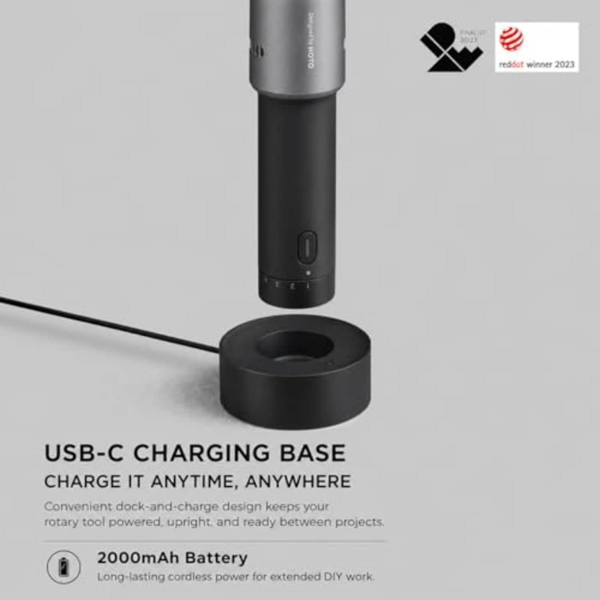 USB-C charging base for cordless rotary tool with docked handle and battery