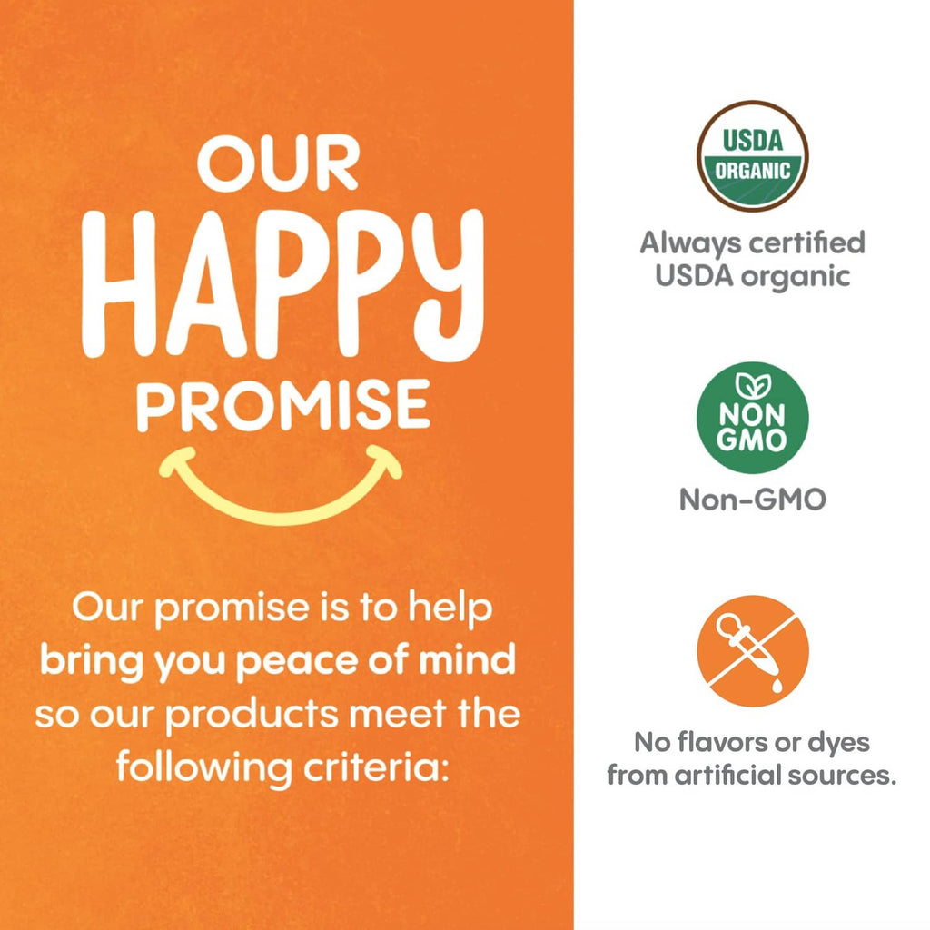 Our Happy Promise label with USDA organic and Non-GMO certification icons