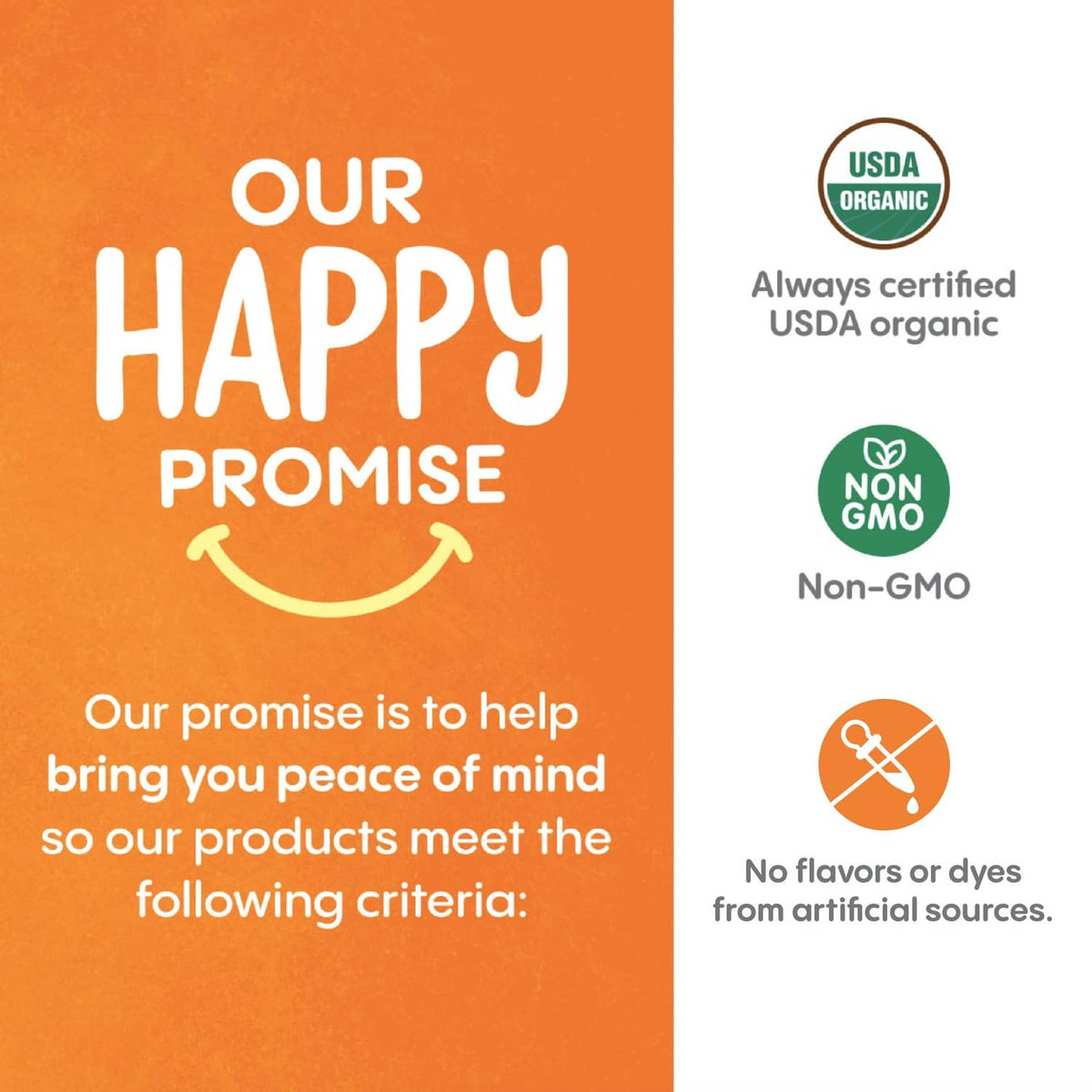 Our Happy Promise label with USDA organic and Non-GMO certification icons