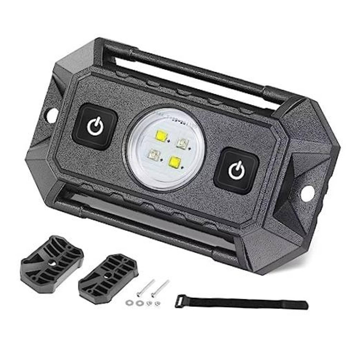 Universal UTV dome light with switch, black housing, two power buttons, round LED lens