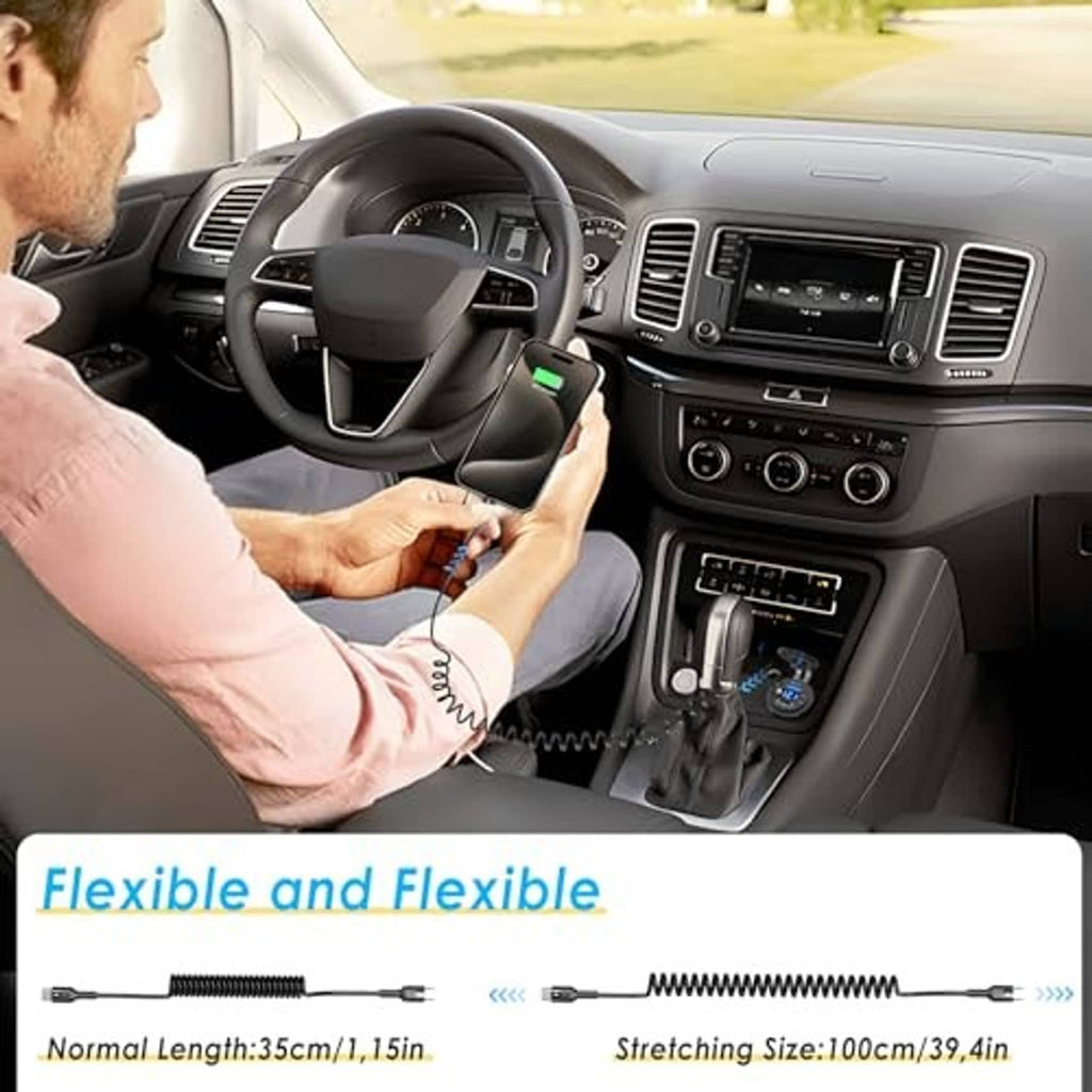 Black car USB-C outlet charger with coiled cord, plugged into dashboard power port