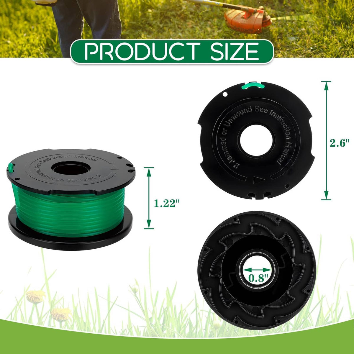 Green trimmer line spool with black hub, shown with size measurements