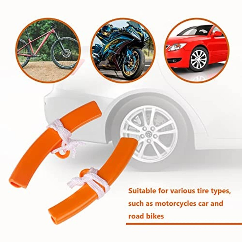 Two orange rim protectors with white braided tie cords, curved edge guards