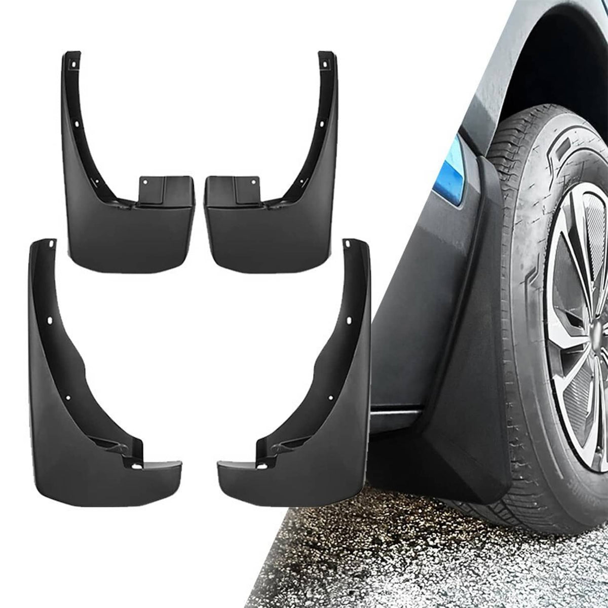 Black mud flap set with one flap near front tire and wheel
