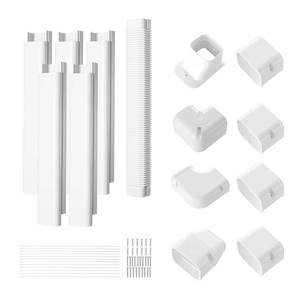 White mini split line set cover kit with straight covers, ribbed section, and elbow fittings