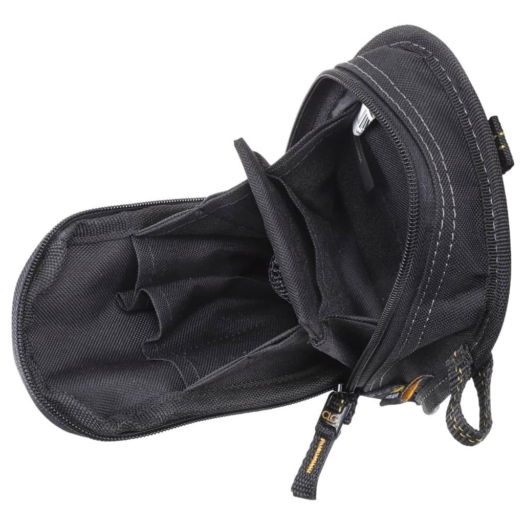 Black open tool carry-all pouch with interior fabric and zipper closure