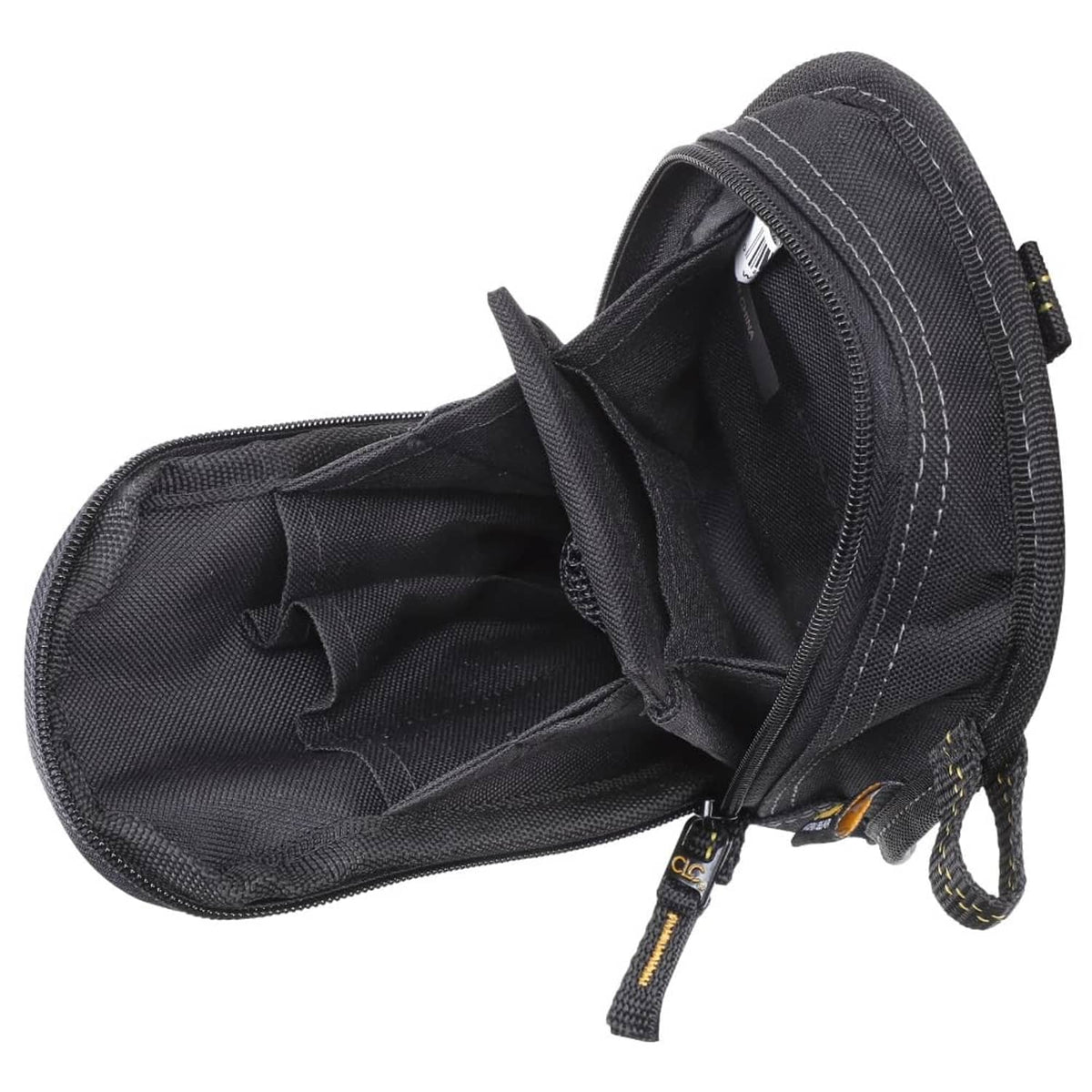 Black open tool carry-all pouch with interior fabric and zipper closure