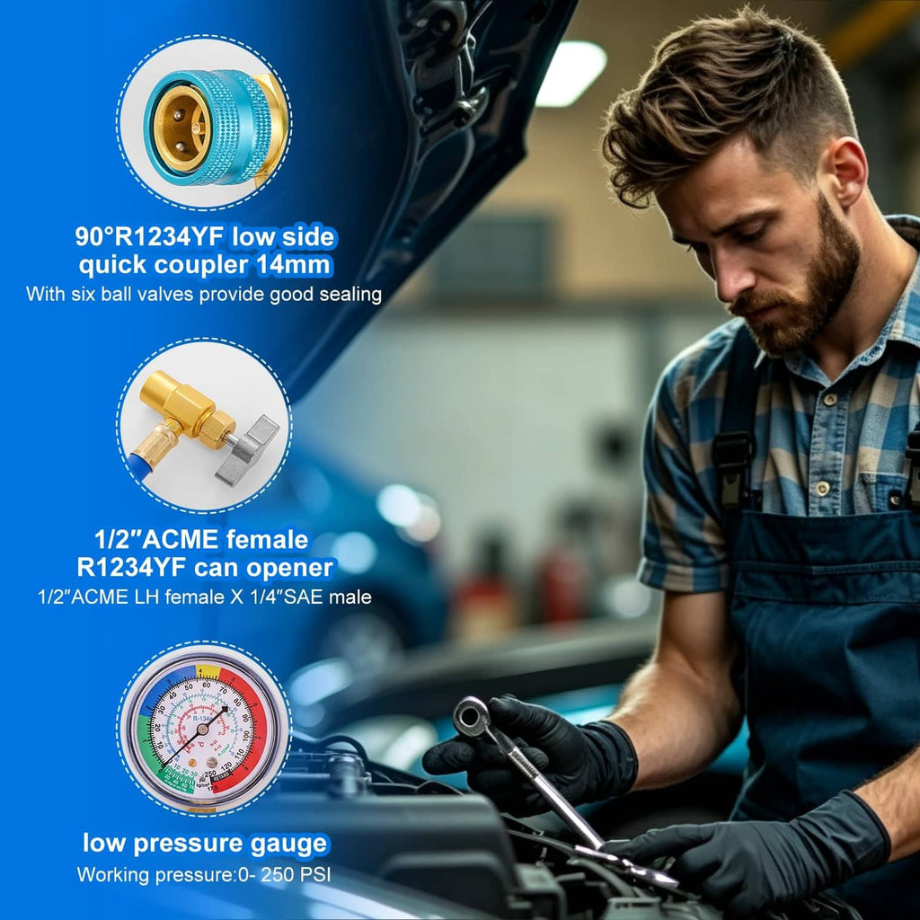 Low-side AC refrigerant charging hose set with 90° quick coupler and pressure gauge