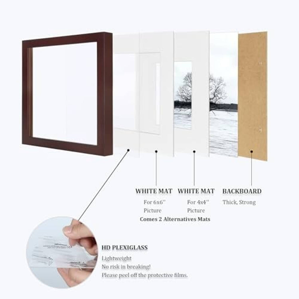 Walnut picture frame parts kit with HD plexiglass, backboard, and white mats