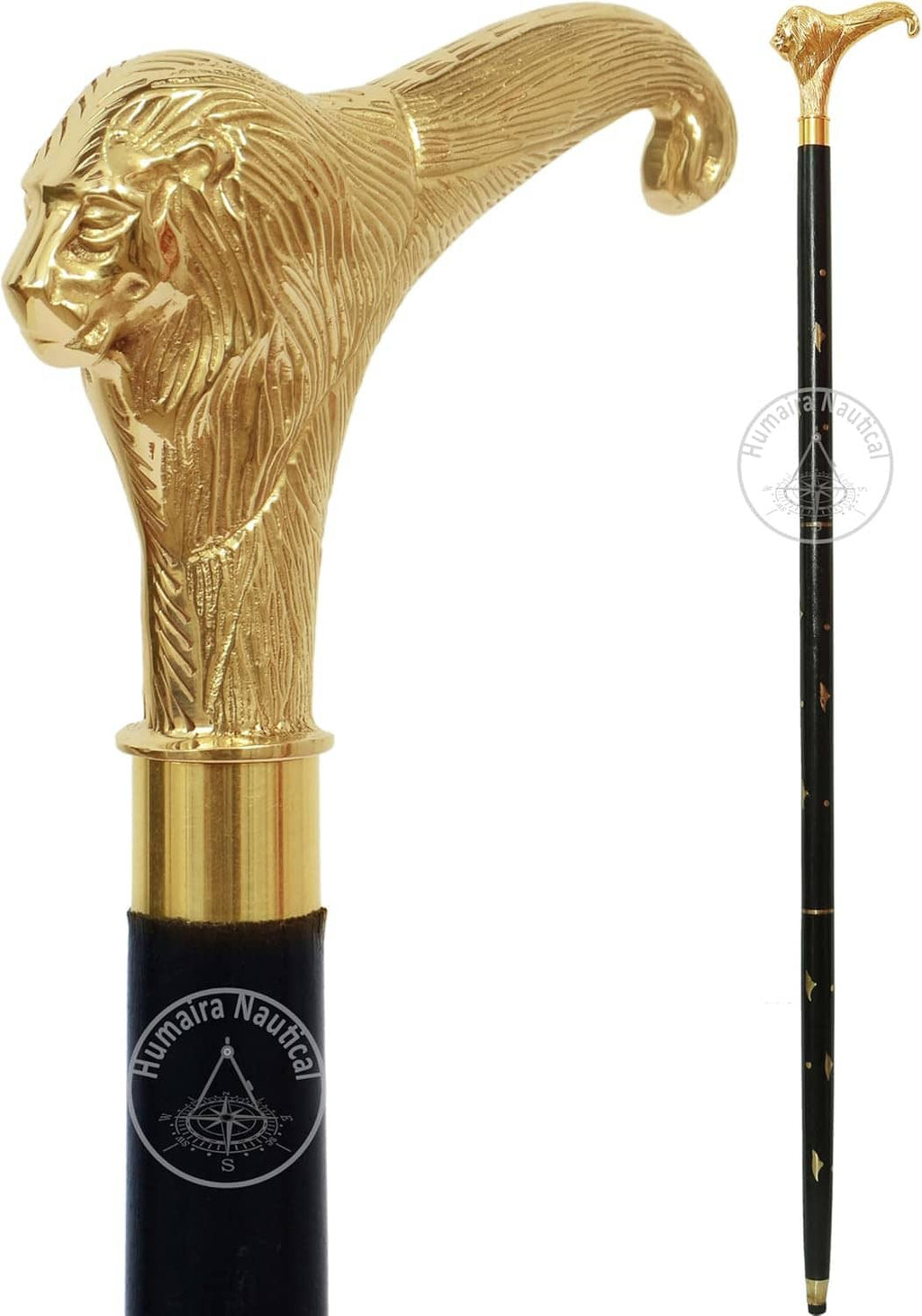 Lion head brass handle wooden walking stick cane with black shaft and gold accents