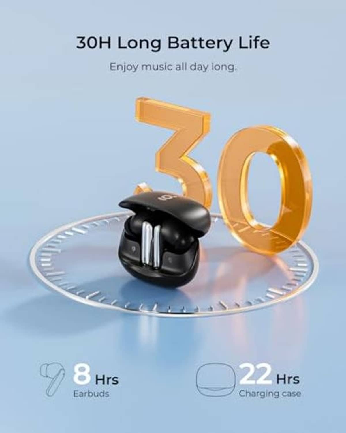 Black wireless earbuds with a charging case, shown with a long battery life graphic.