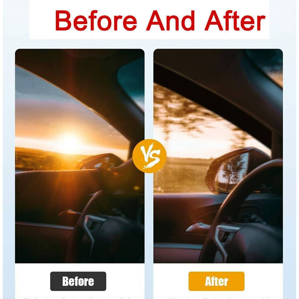 Car window visor before-and-after comparison showing improved rain protection