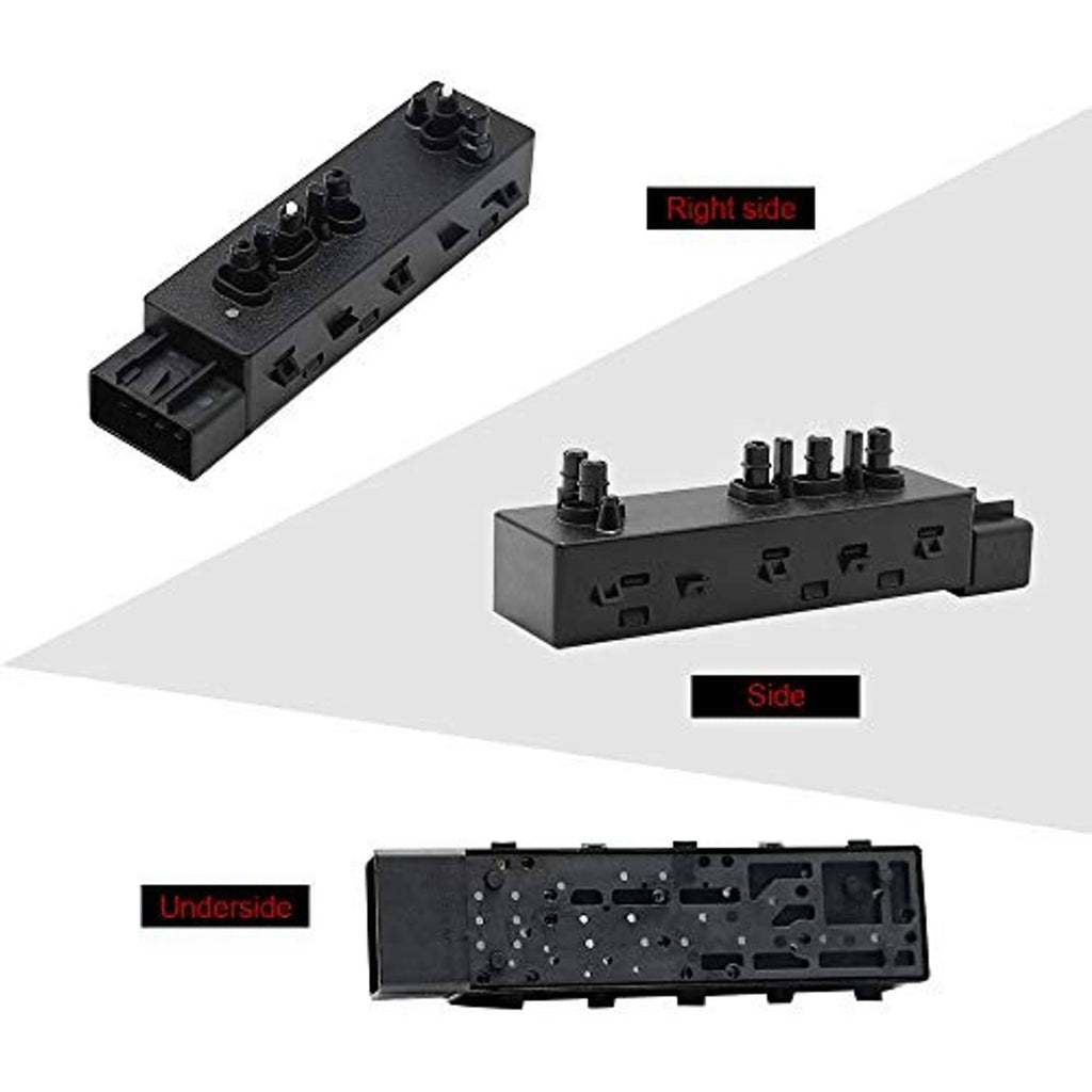 Power seat switch assembly with raised buttons and side ports, black plastic housing
