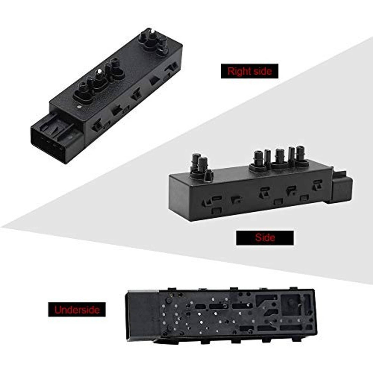 Power seat switch assembly with raised buttons and side ports, black plastic housing