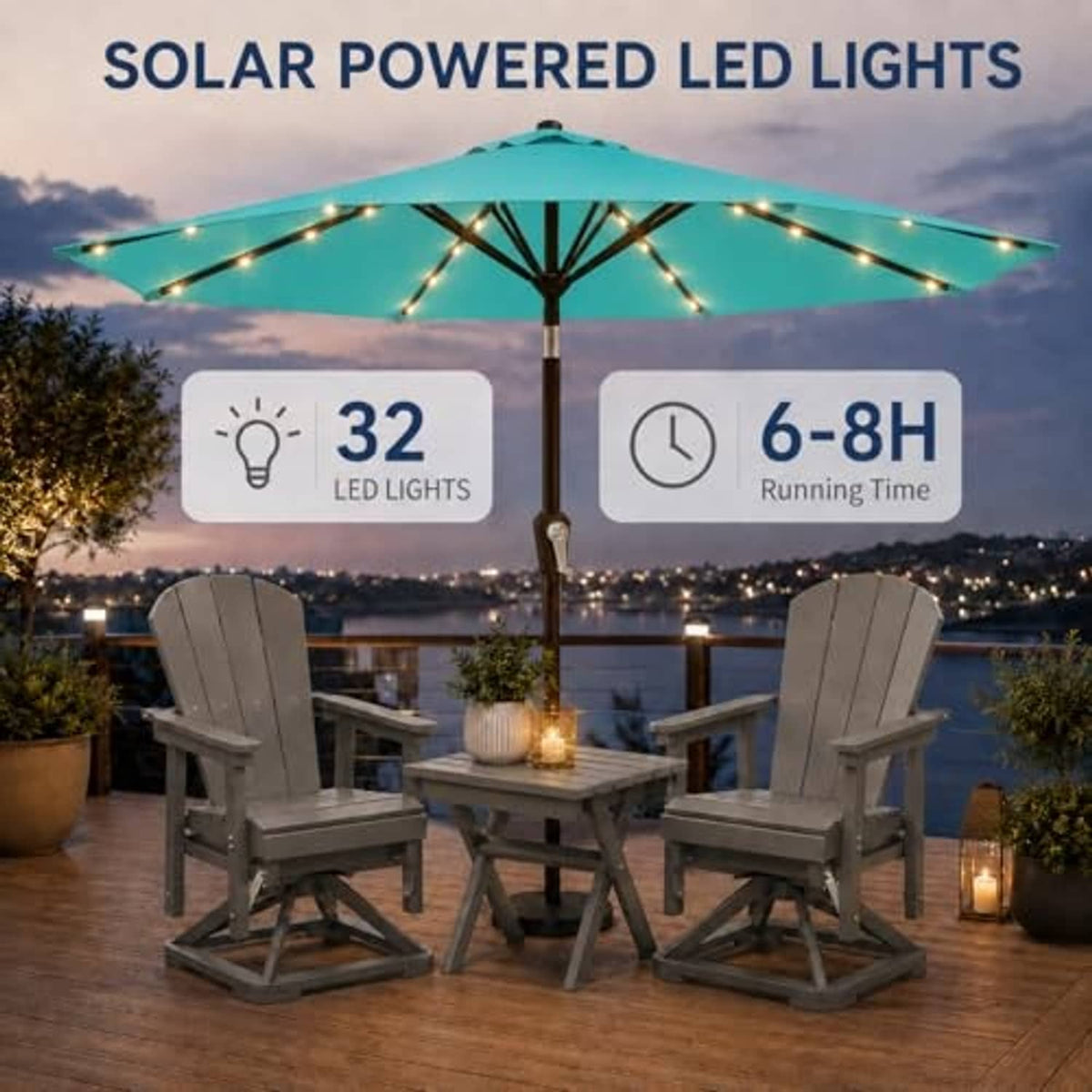 Teal solar umbrella canopy with warm LED string lights overhead