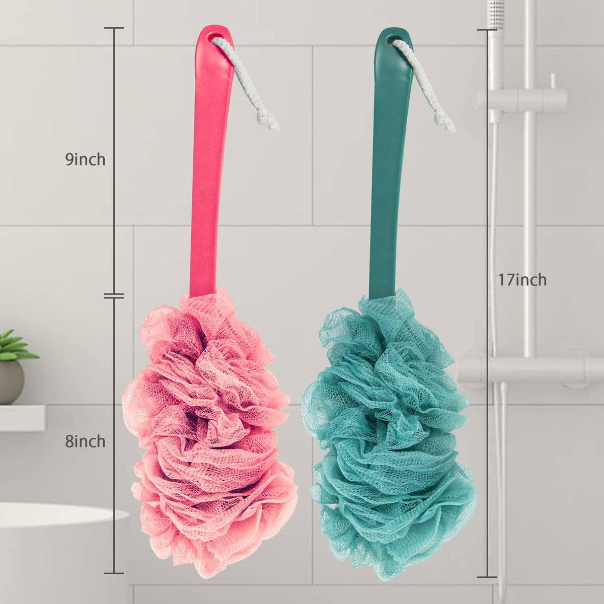 2-pack shower loofah scrubbers with loop handles, pink and teal