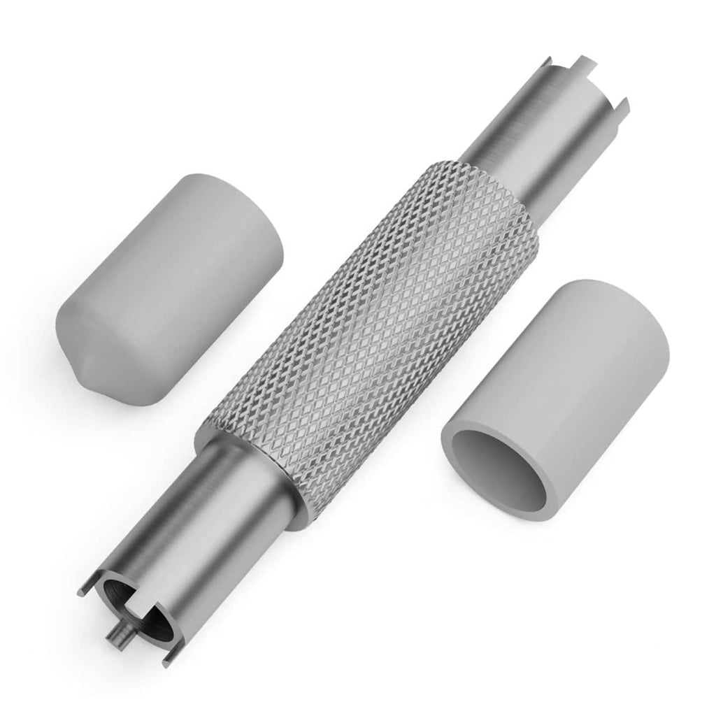 Front sight adjustment tool with rubber caps and knurled grip, four-prong end in view